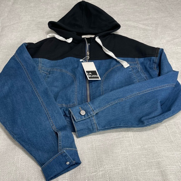 Blue NEW Denim Jean Hoodie Jacket zipper LABIJOU-Sz S Heather Black over size - Picture 5 of 13